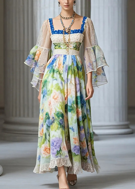 Women Square Collar Print Chiffon Vacation Dresses