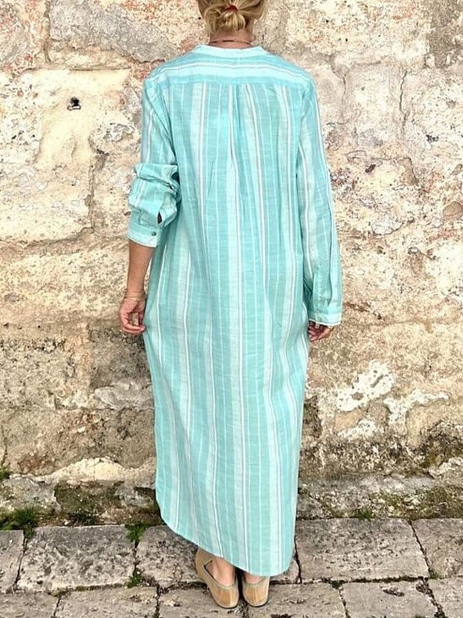 Women's Casual Long Sleeve Striped Print Button Dress