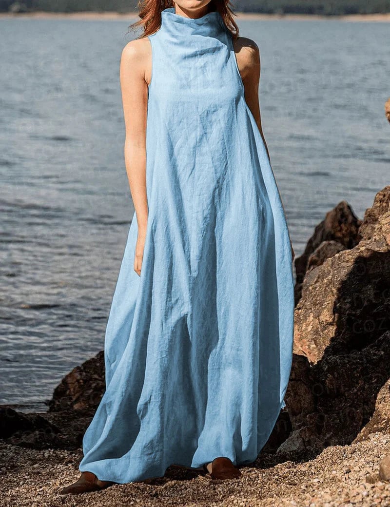Women's Stand Collar Back Pleated Linen Maxi Dress