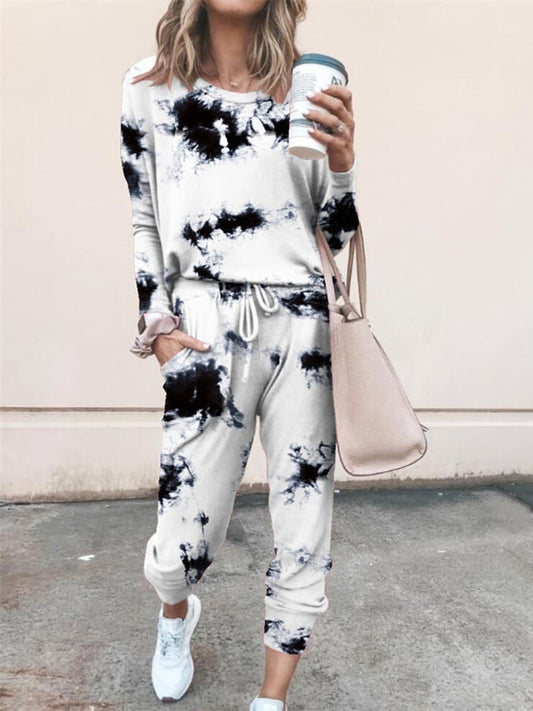 Women'S Casual Round Neck Tie-Dye Long Sleeve Two-Piece Set