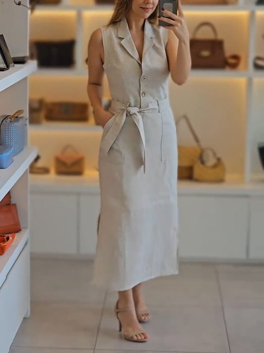 Women's Casual Lapel Single Breasted Sleeveless Tie Dress