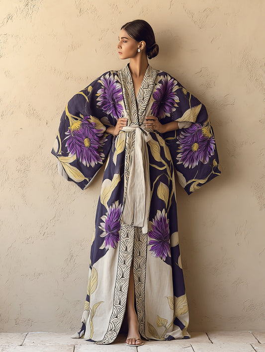 Women's Purple Sunflower Kimono Linen Robe (Including Belt)