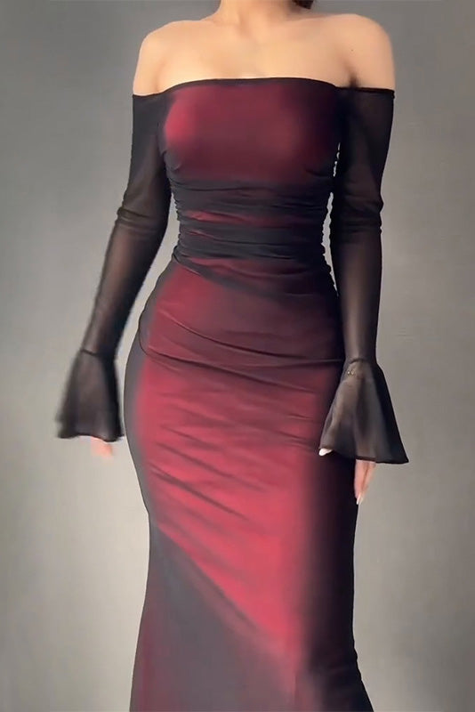 Burgundy Sheer-Sleeve Mermaid Gown