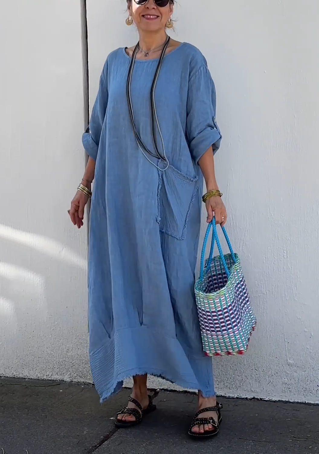Oversized Linen Maxi Dress with Fringe Hem & Patch Pocket