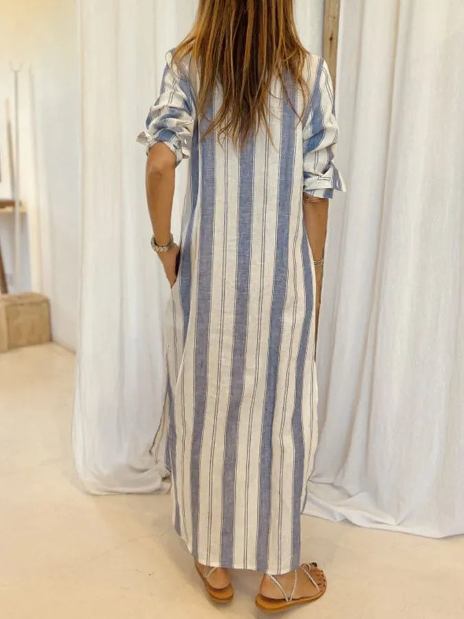 Women's Casual V-neck Long Sleeve Striped Print Contrast Color Cotton and Linen Dress