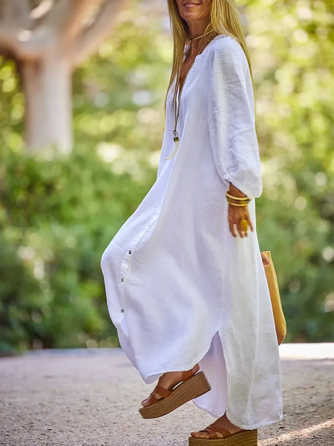 Women'S Casual Hem Slit Solid Color Cotton And Linen Dress