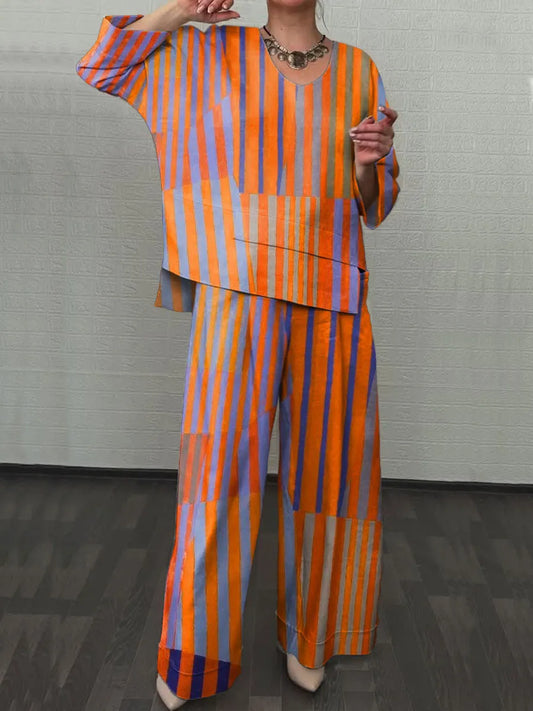 Women's Vintage Colorblock Striped Art Print Two-piece Sets