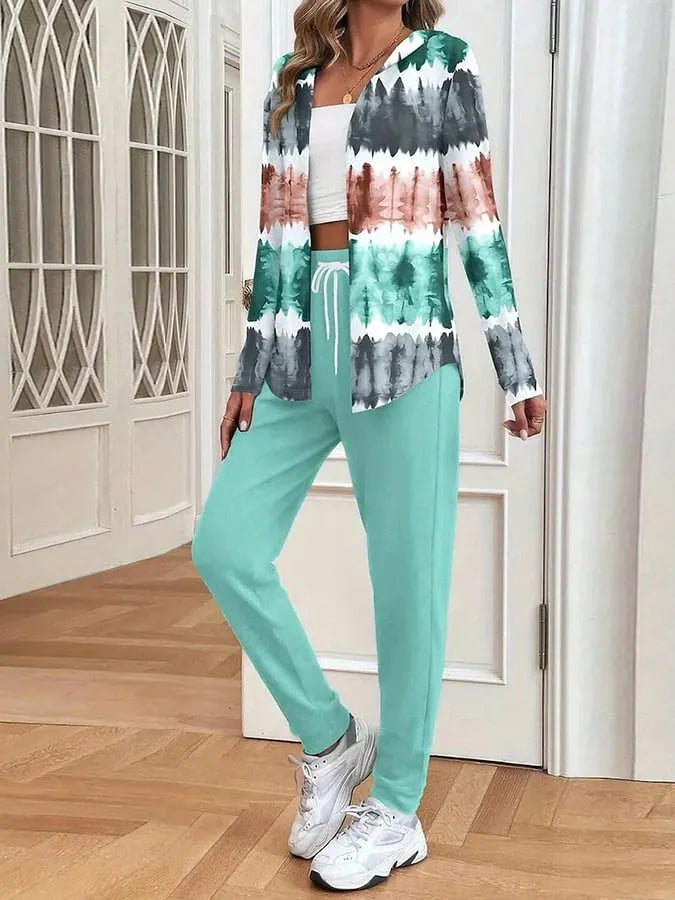 Women's Casual Striped Cardigan Pants Two-Piece Set