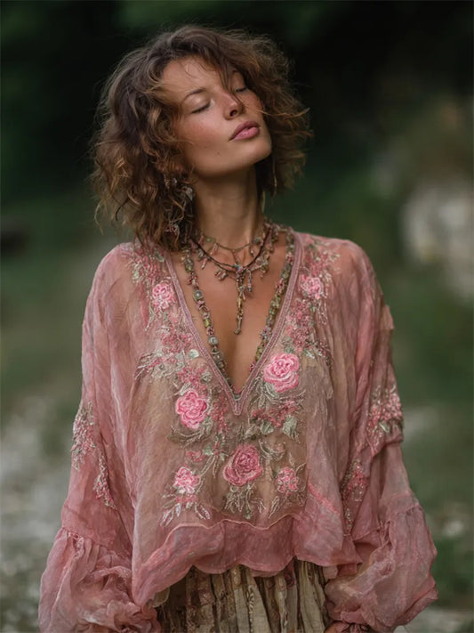Vintage Boho Pink Roses Embroidered Flowy Linen Tunic