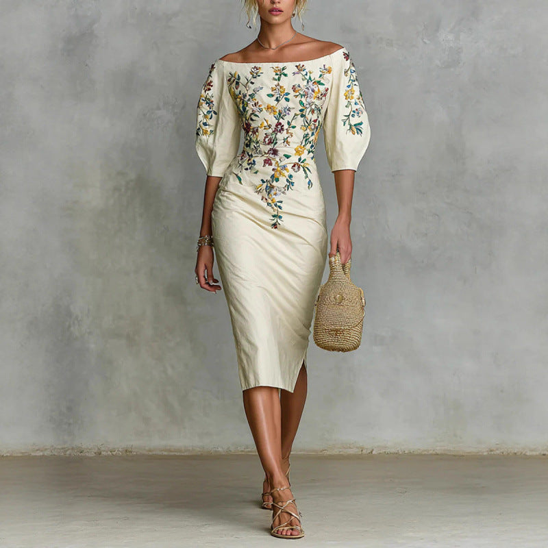 Elegant One-Shoulder Five-Quarter Sleeve Waist-Covering Hip Dress