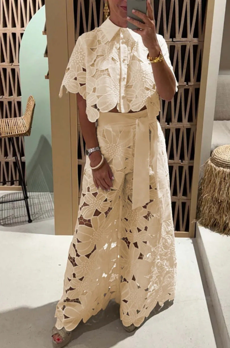 Solid Color Lace-Up Knit Top & Wide-Leg Pants Two-Piece Set