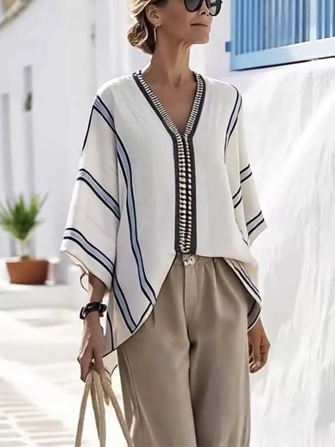 Women'S Loose Striped Print Irregular Hem Top