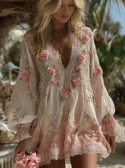 Women's Vintage Pink Floral Art V-neck Mini Dress