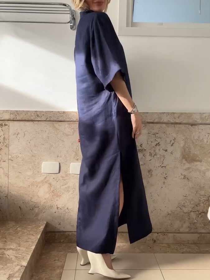 Women's Casual V-Neck Slit Mid-Sleeve Cotton and Linen Dress