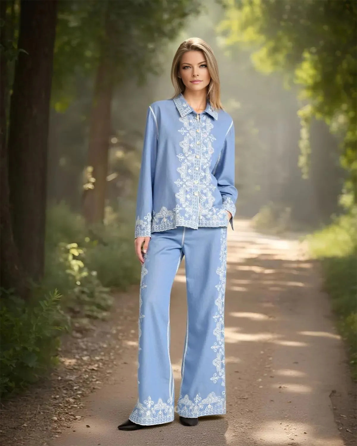 Heavy Embroidery Long Sleeve Shirt & Loose Casual Pants Two Piece Set