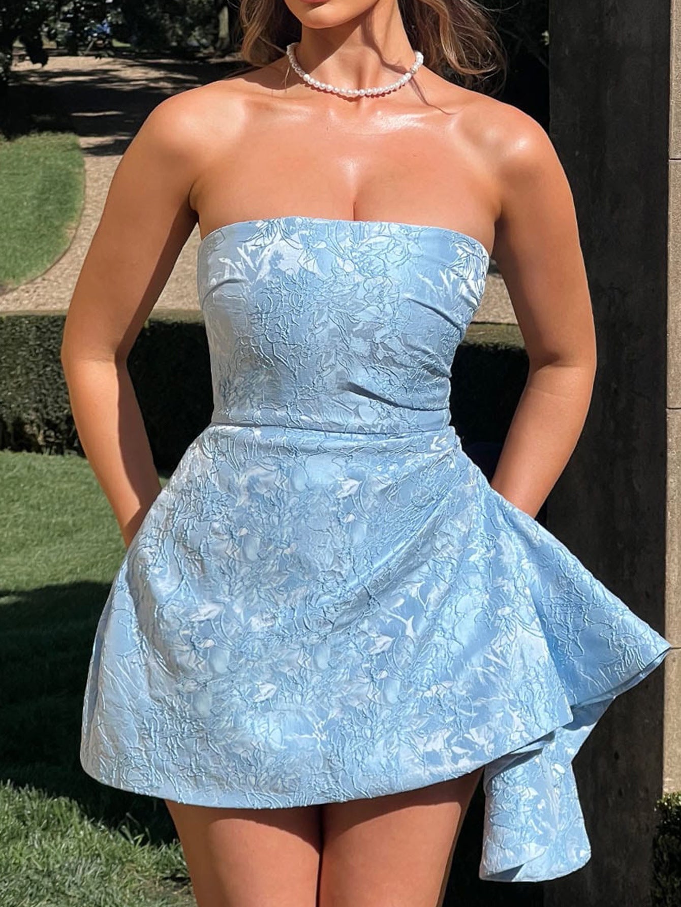 Strapless Jacquard A-Line Mini Homecoming Dress with Pockets