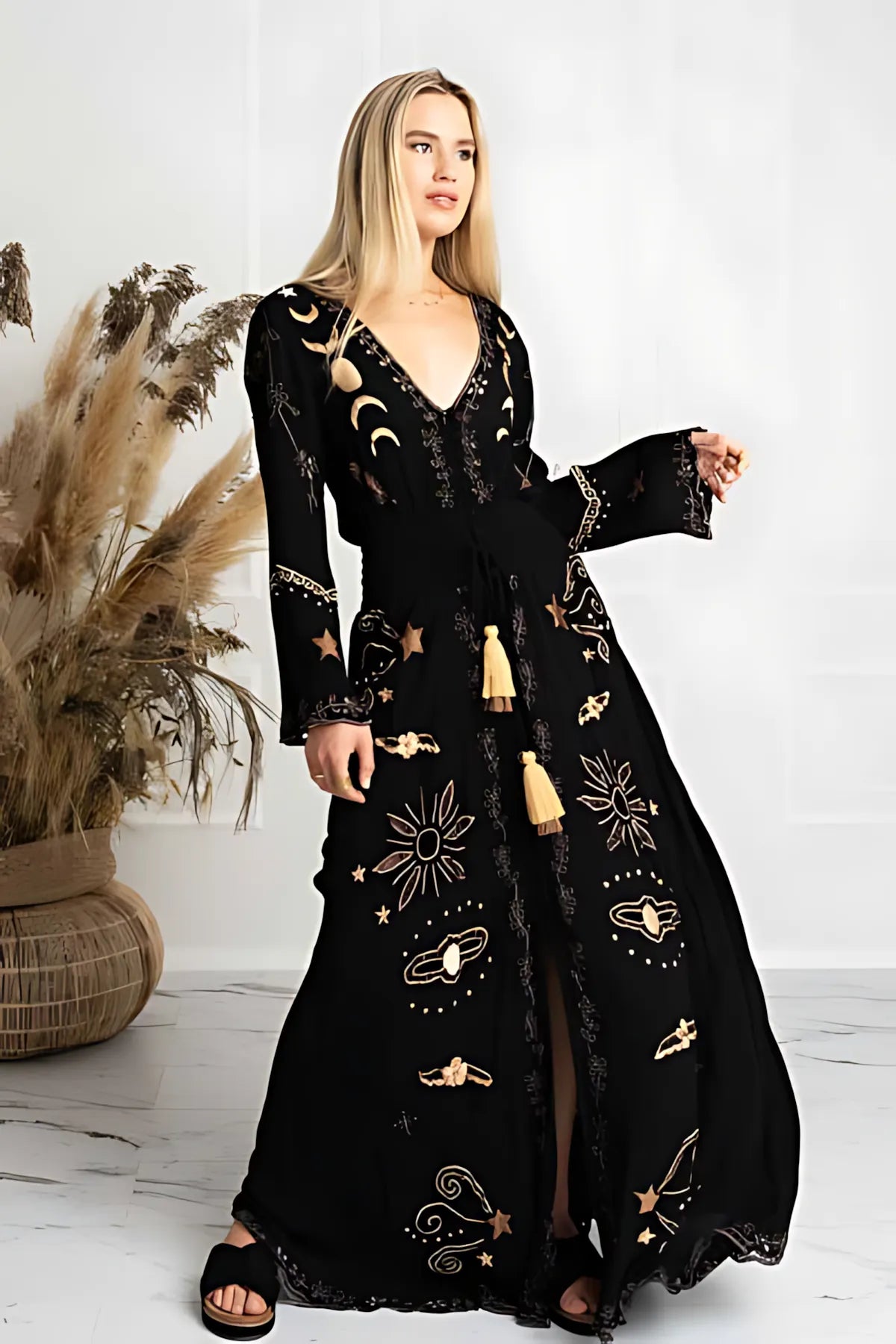 Bohemian Style Tie-Waist V-Neck Button Front Maxi Dress
