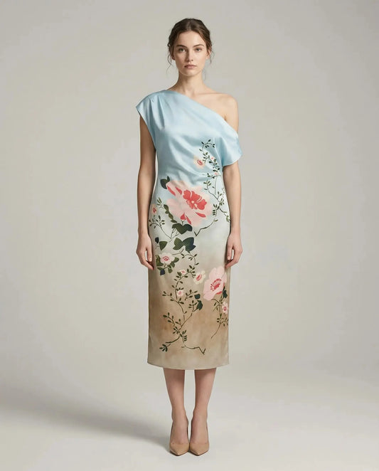 Floral One-Shoulder Satin Midi Dress – Elegant Asymmetric Evening Dress