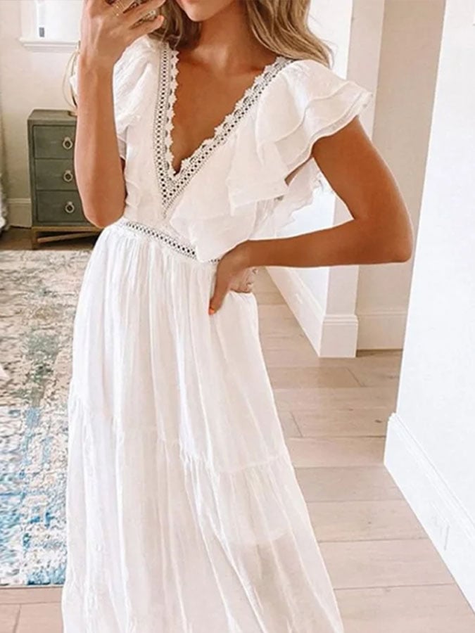 Women's Casual Solid Color V-Neck Short Sleeve Lace Ruffle Stitching Dress