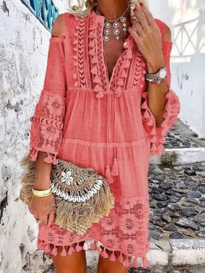 Women's Comfortable Casual Fringed Lace V-Neck Dress
