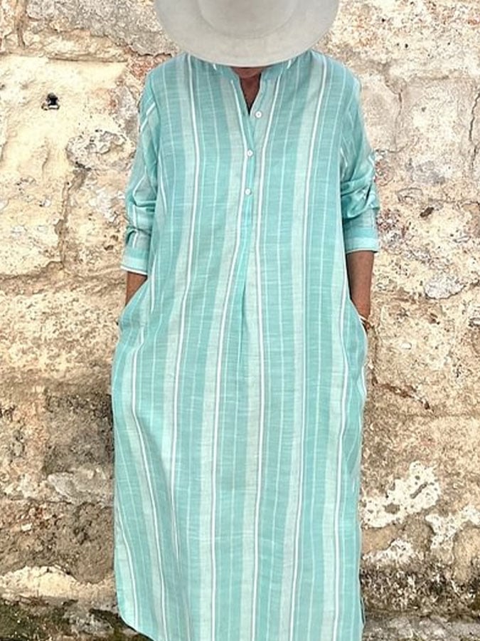 Women's Casual Long Sleeve Striped Print Button Dress