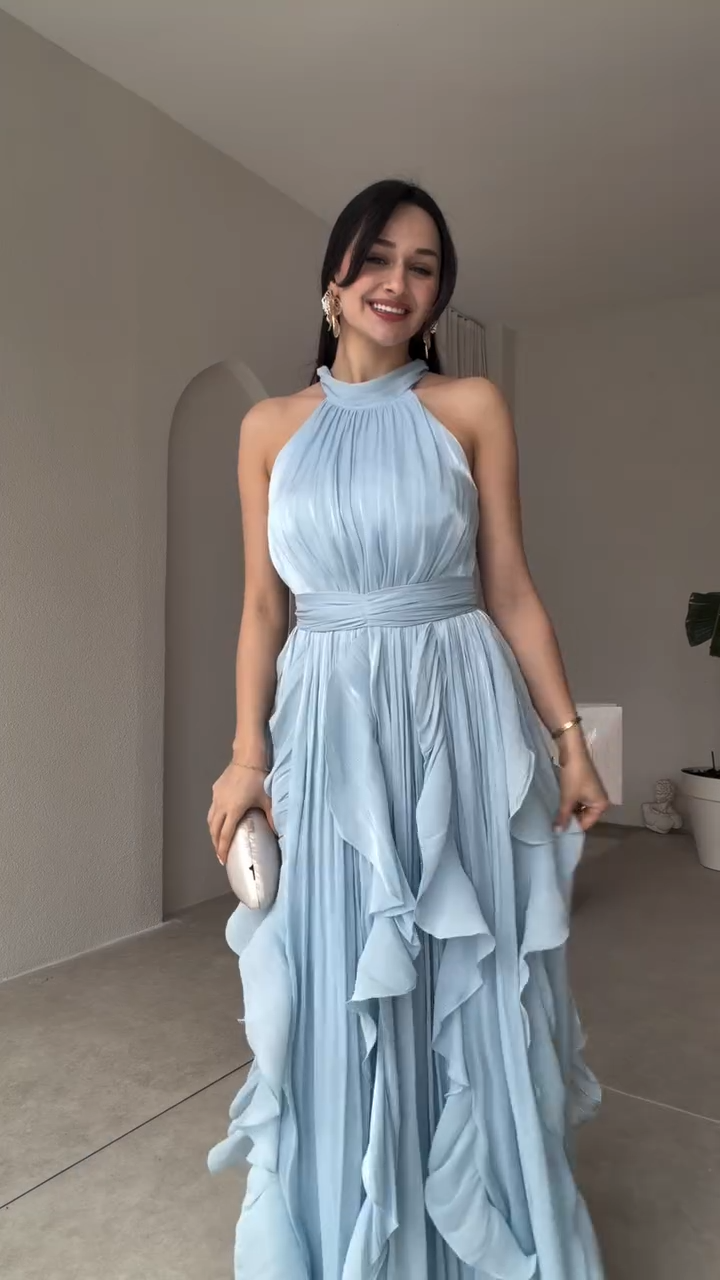 Halter Neck Tiered Ruffle Chiffon Maxi Dress