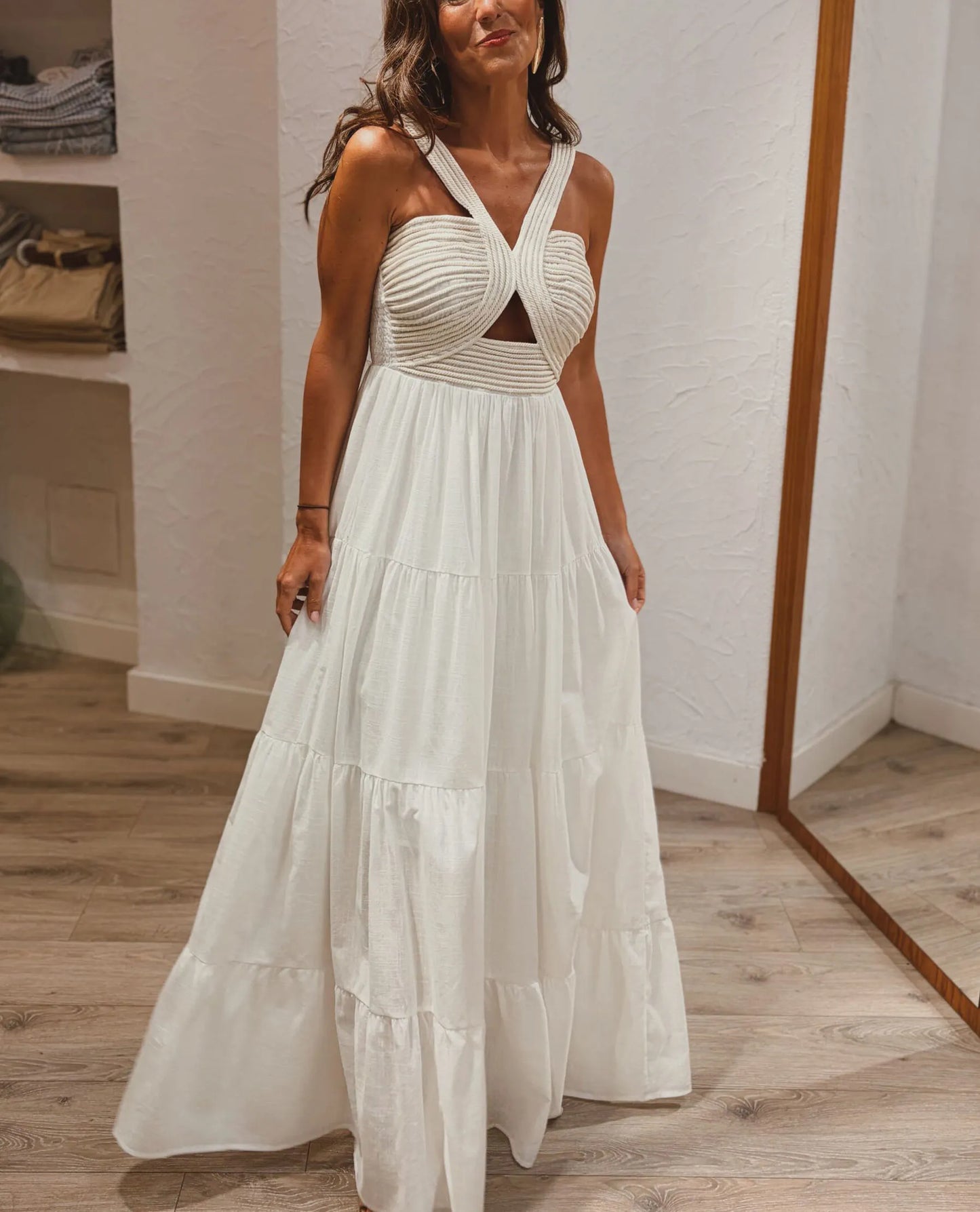 Tiered Maxi Dress with Crisscross Textured Bodice