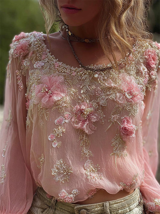 Vintage Boho Pink Flowers Lace Flowy Linen Tunic