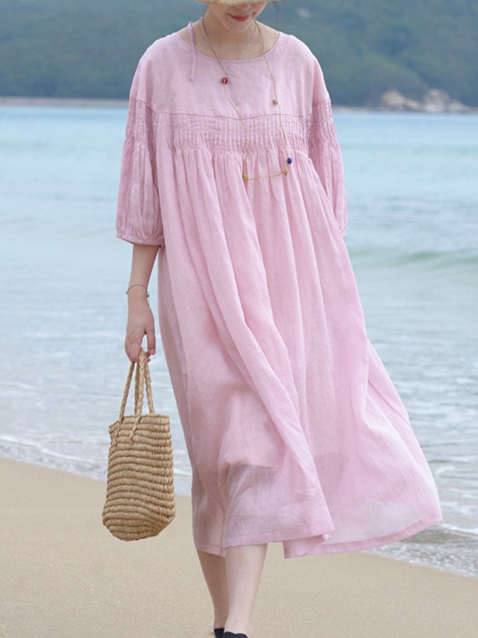 Women's Casual Solid Color Round Neck Shirring Dress