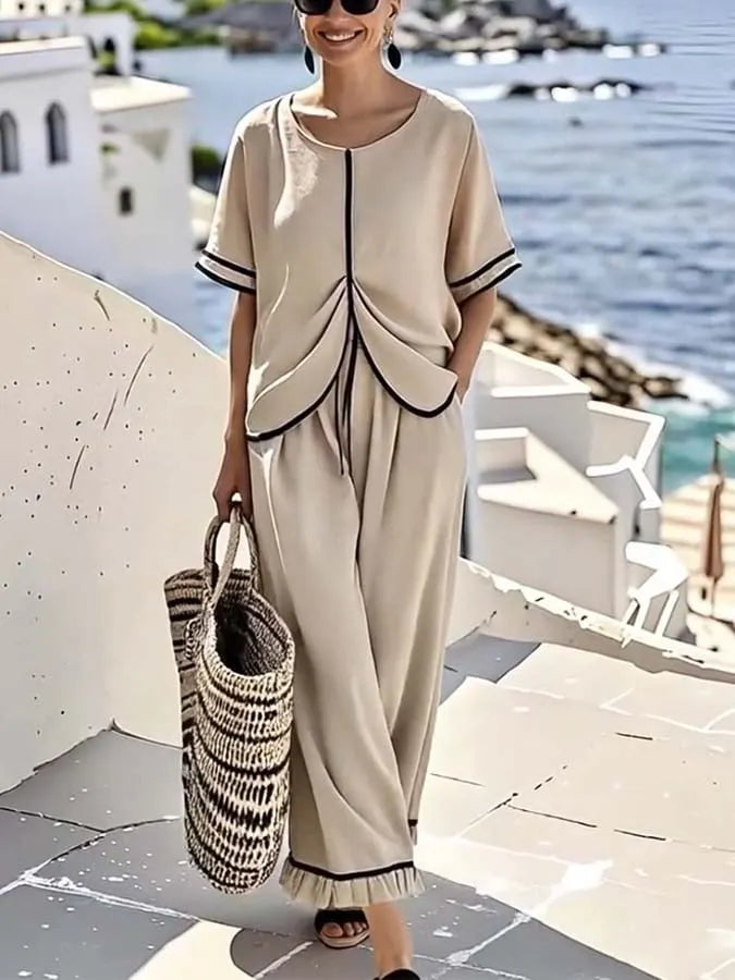 Women'S Loose Pleated Striped Printed Wide Leg Pants Set