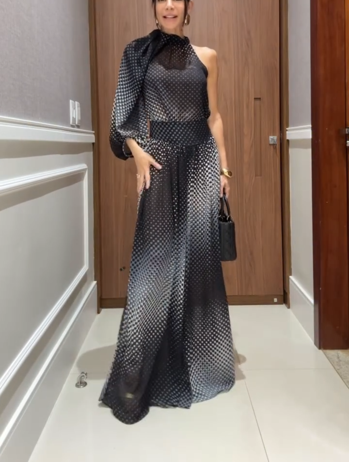 Gradient Polka Dot One-Shoulder Maxi Dress