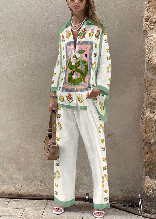 Green Snake Print Shirt & Pants Two-Piece Set