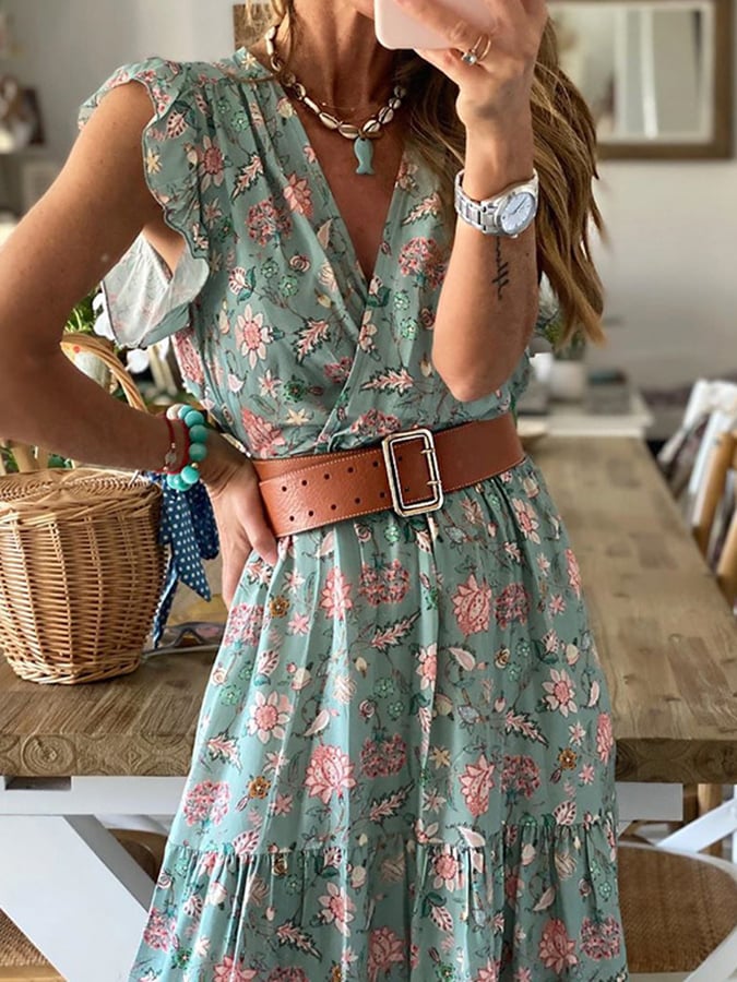 V-Neck Sleeveless Bohemian Print Mid Length Dress