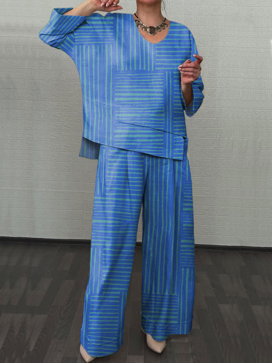 Women's Blue Stripes Art Print Two-piece Sets