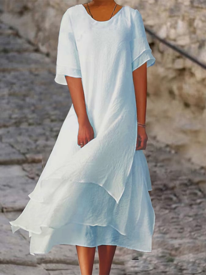 Polyester Cotton Double-Layer Color-Block Slit Short-Sleeved Round Neck Dress
