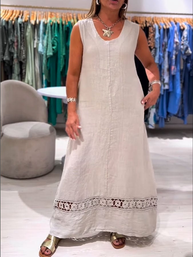 Women's Casual Solid Color Round Neck Sleeveless Lace Splicing Cotton and Linen Dress