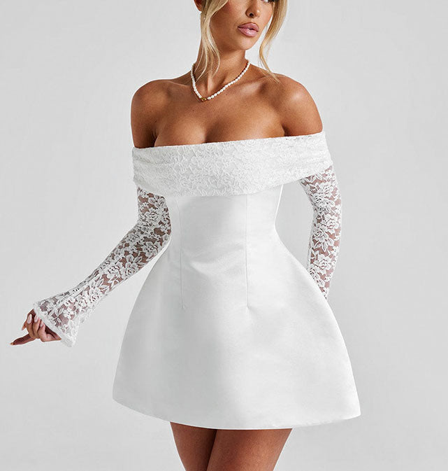 Off-Shoulder Lace Sleeve Satin Homecoming Dress