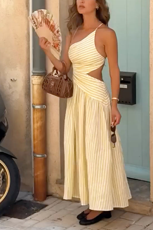 One-Shoulder Halter Stripe Cutout Flare Midi Dress