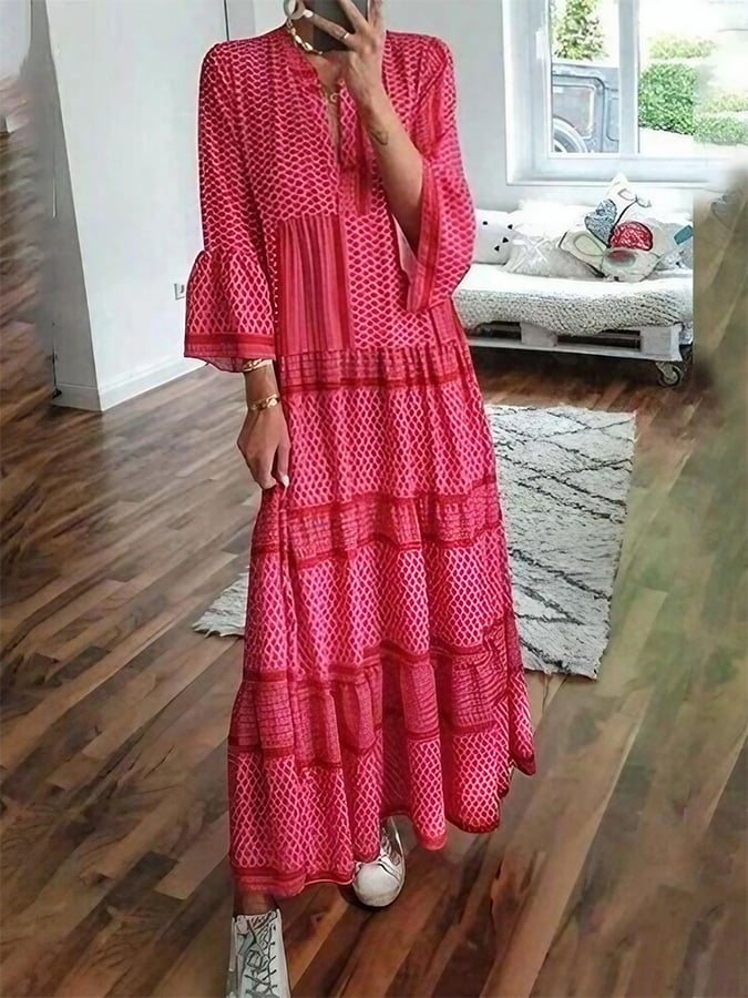 Women'S V-Neck Bell Sleeve Holiday Print Dress
