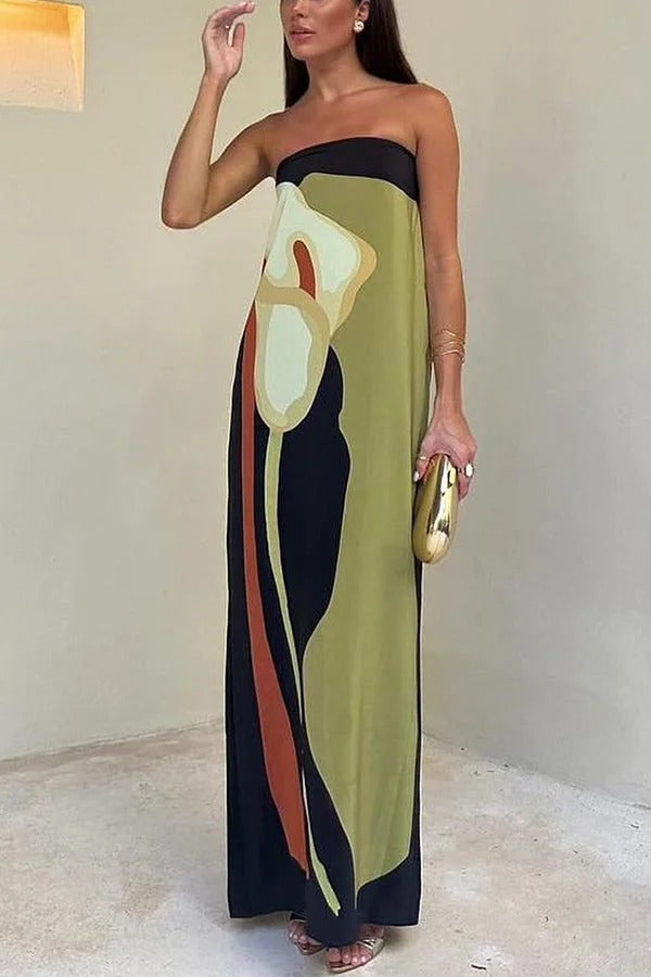 Abstract Floral Print Elasticated Off Shoulder Vacation Loose Maxi Dress