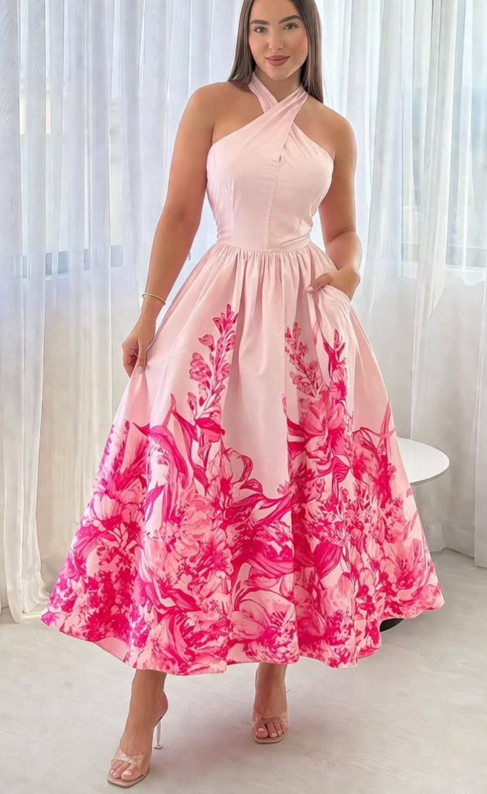 Pink Floral Print Halter Neck Midi Dress