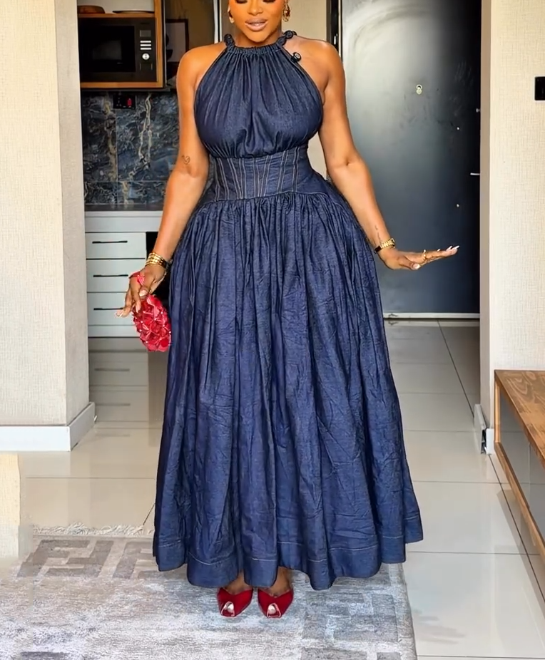 Dark Denim Halter Neck Corset Maxi Dress