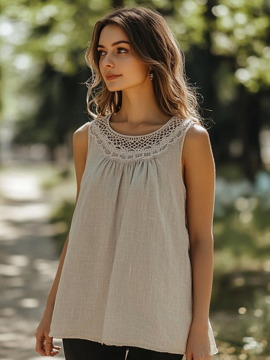 Women's Lace Embroidery Linen Sleeveless Top