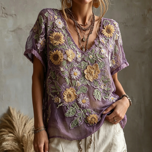 🌼 Women's Sunflower Floral Embroidered Sheer Boho Blouse