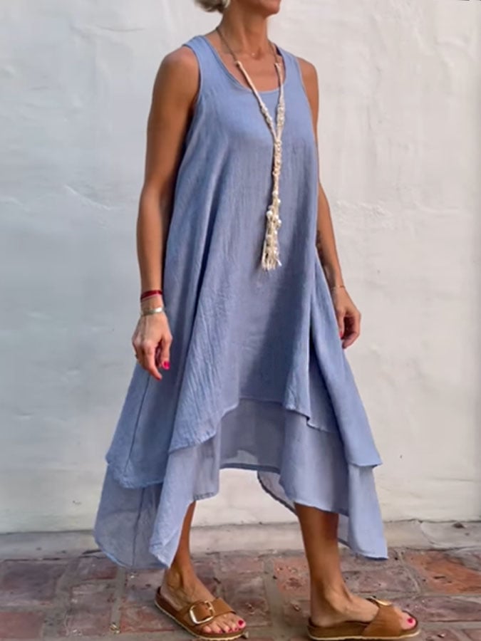 Women's Casual Solid Color Round Neck Sleeveless Splicing Irregular Hem Dress