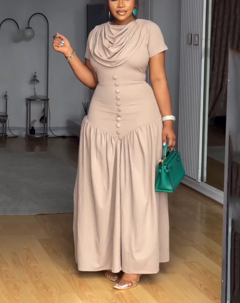 Cowl Neck Button Detail Gathered Maxi Dress