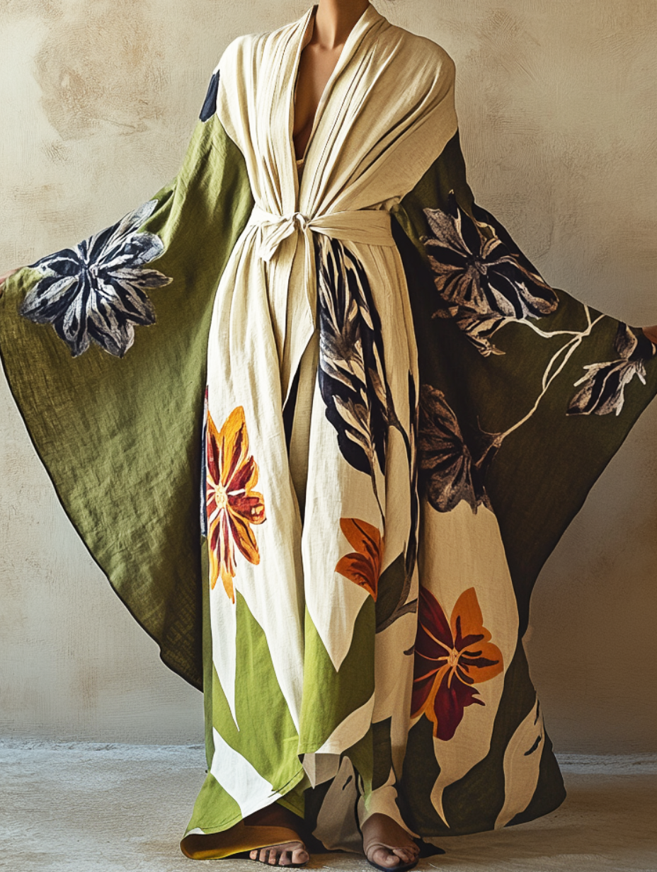 Women's Green Cineraria Print Kimono Linen Robe (Including Belt)