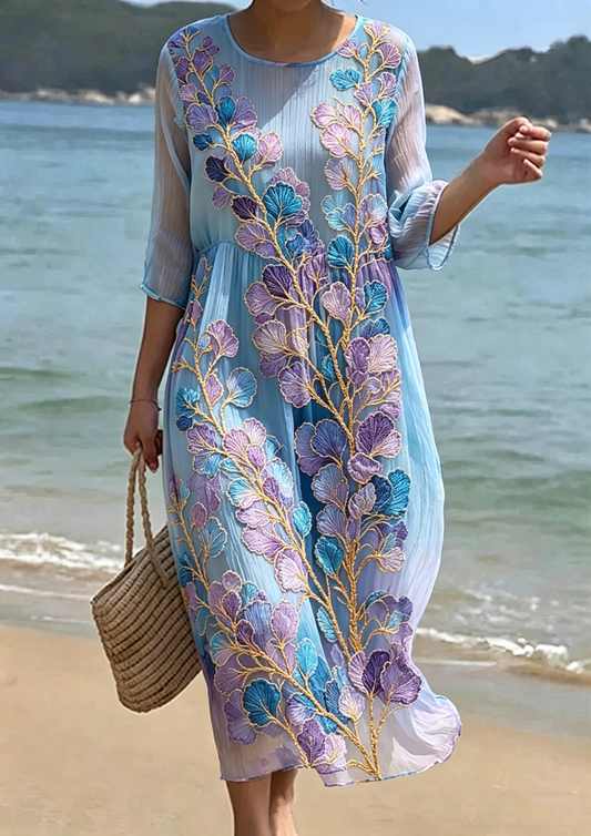 Women's Floral Embroidered Smocked Waist Midi Dress