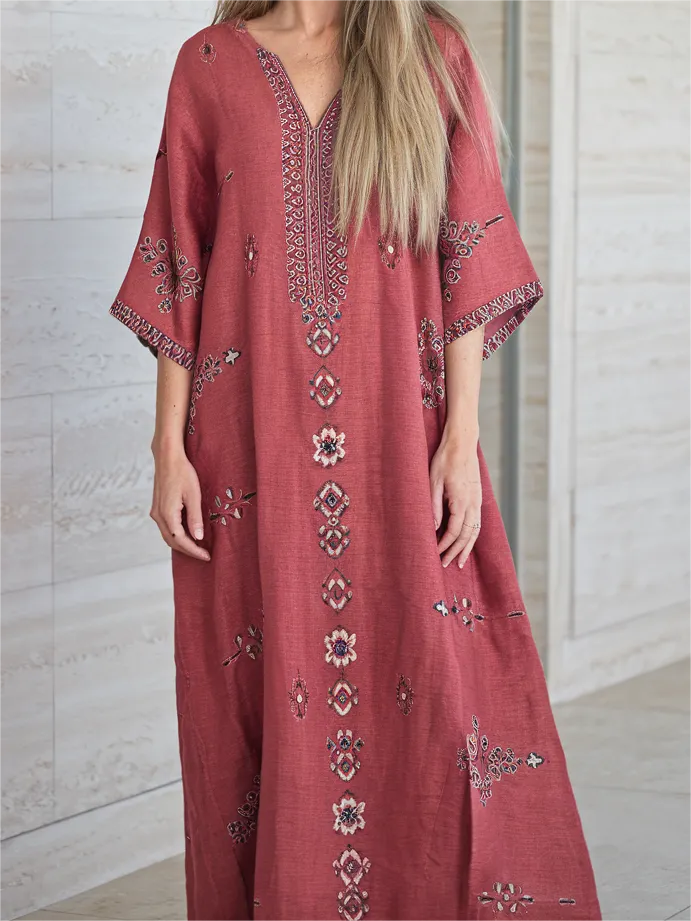 Contton & Linen  Long Sleeve  Kaftan Maxi Dress