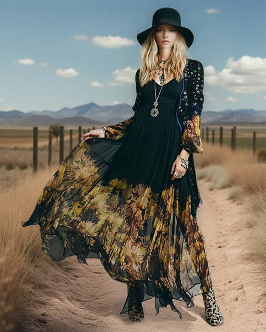 Daily Long Sleeve Floral Pleated Asymmetric Hem Maxi Dress